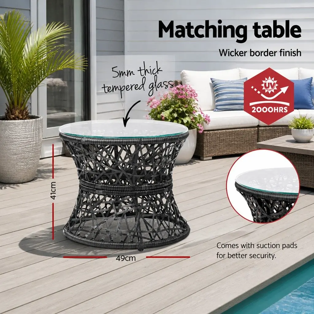Papasan Chair and Side Table Set PE Wicker Black Outdoor Furniture