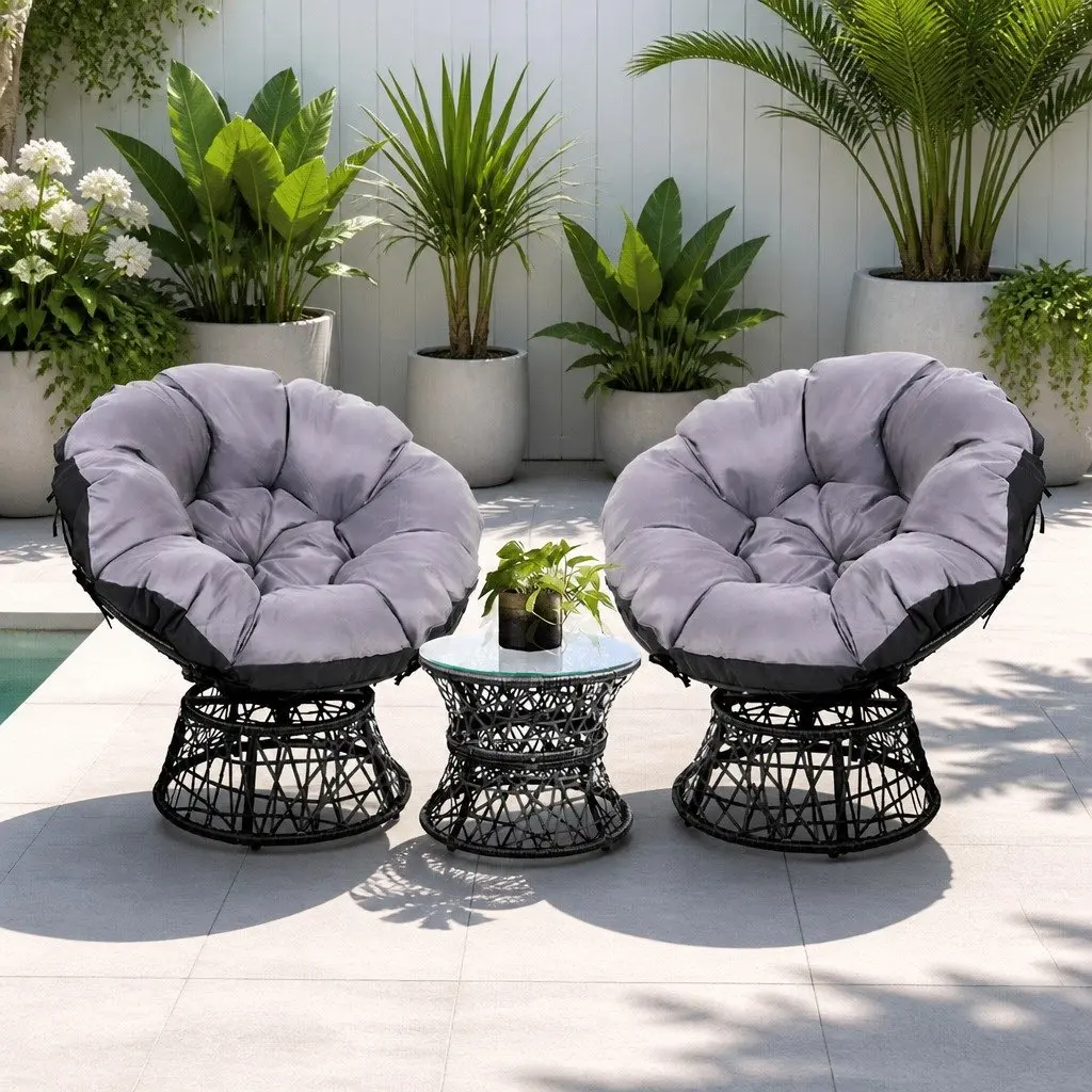 Papasan Chair and Side Table Set PE Wicker Black Outdoor Furniture