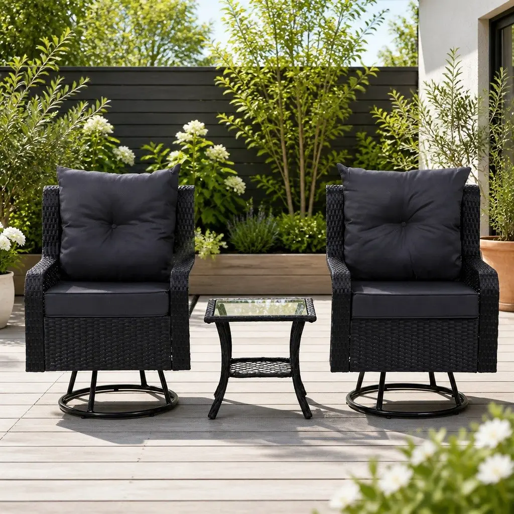 3-Piece Outdoor Swivel Chair Set with Glass Table