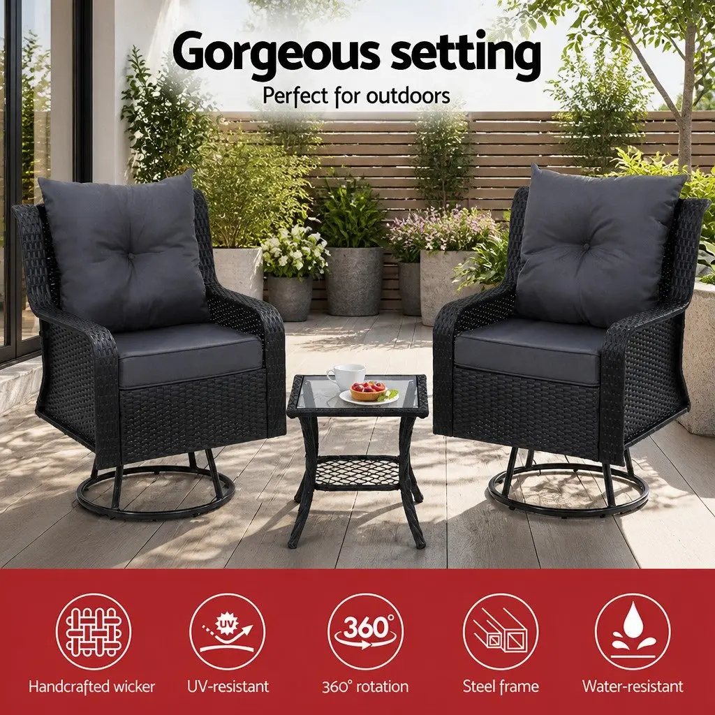 3-Piece Outdoor Swivel Chair Set with Glass Table