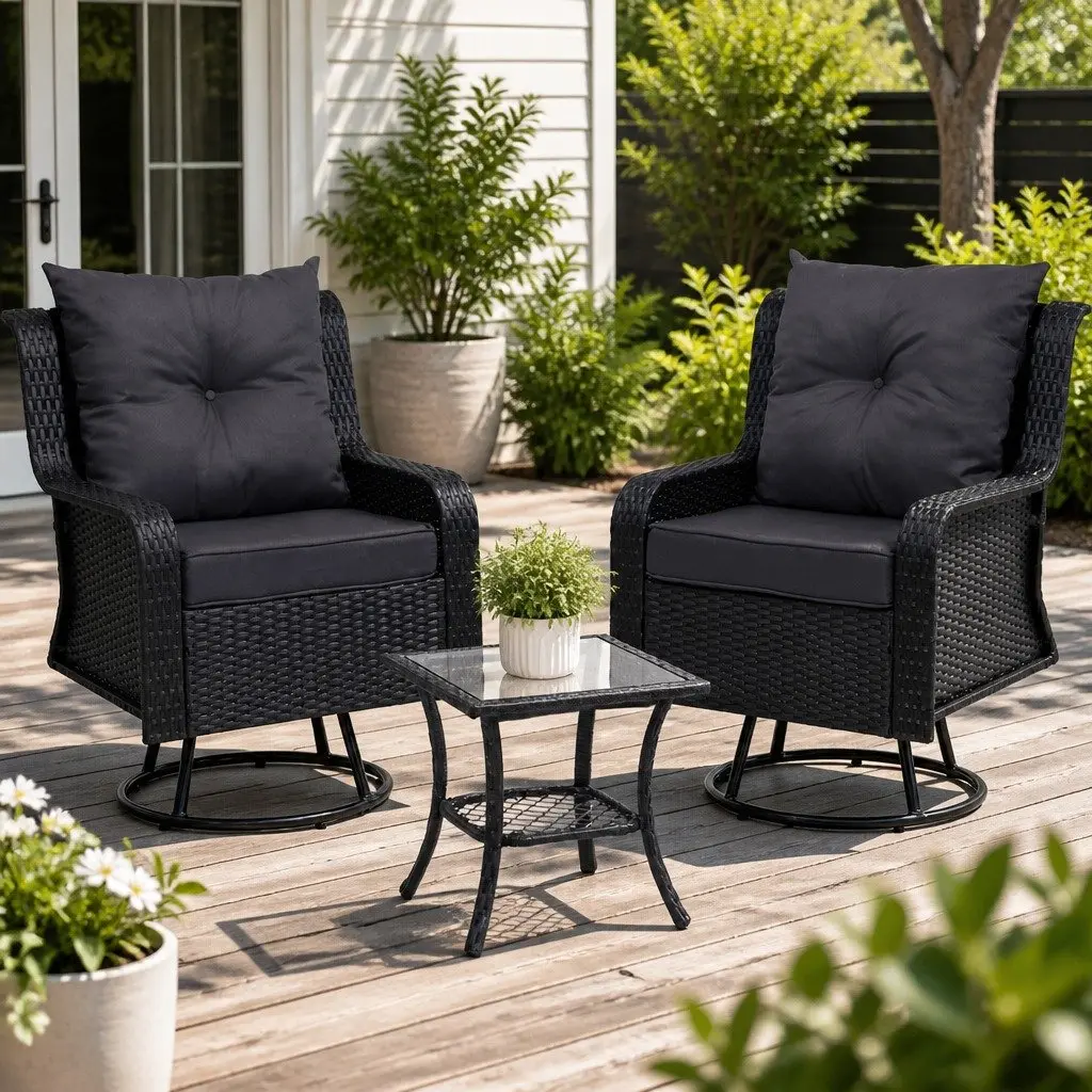 3-Piece Outdoor Swivel Chair Set with Glass Table