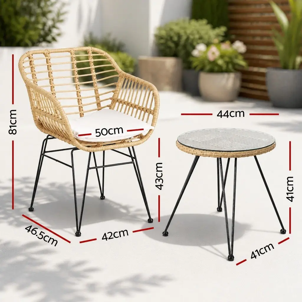 3PC Outdoor Bistro Set PE Wicker Steel Frame Cushioned Table Chairs Oak