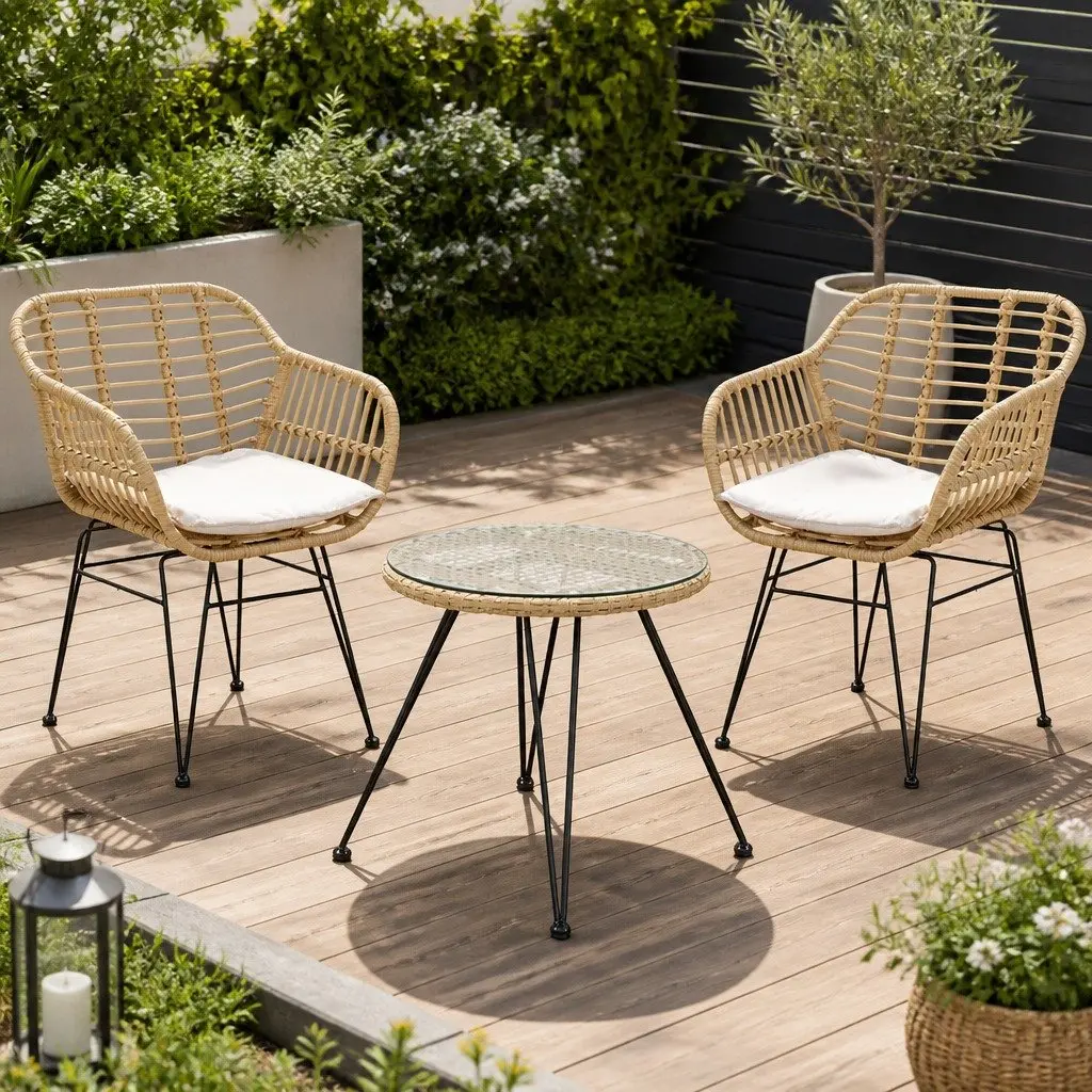 3PC Outdoor Bistro Set PE Wicker Steel Frame Cushioned Table Chairs Oak