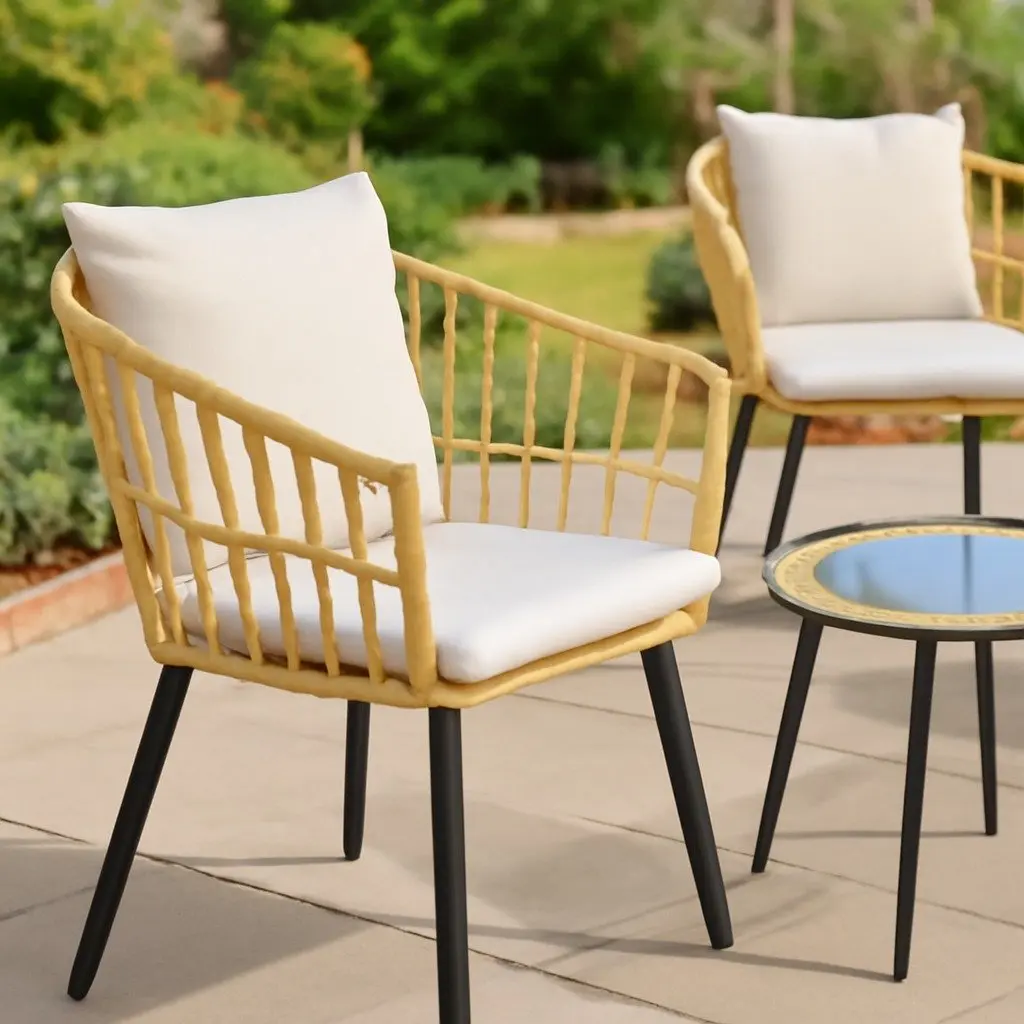 3PC Outdoor Bistro Set PE Wicker Steel Natural