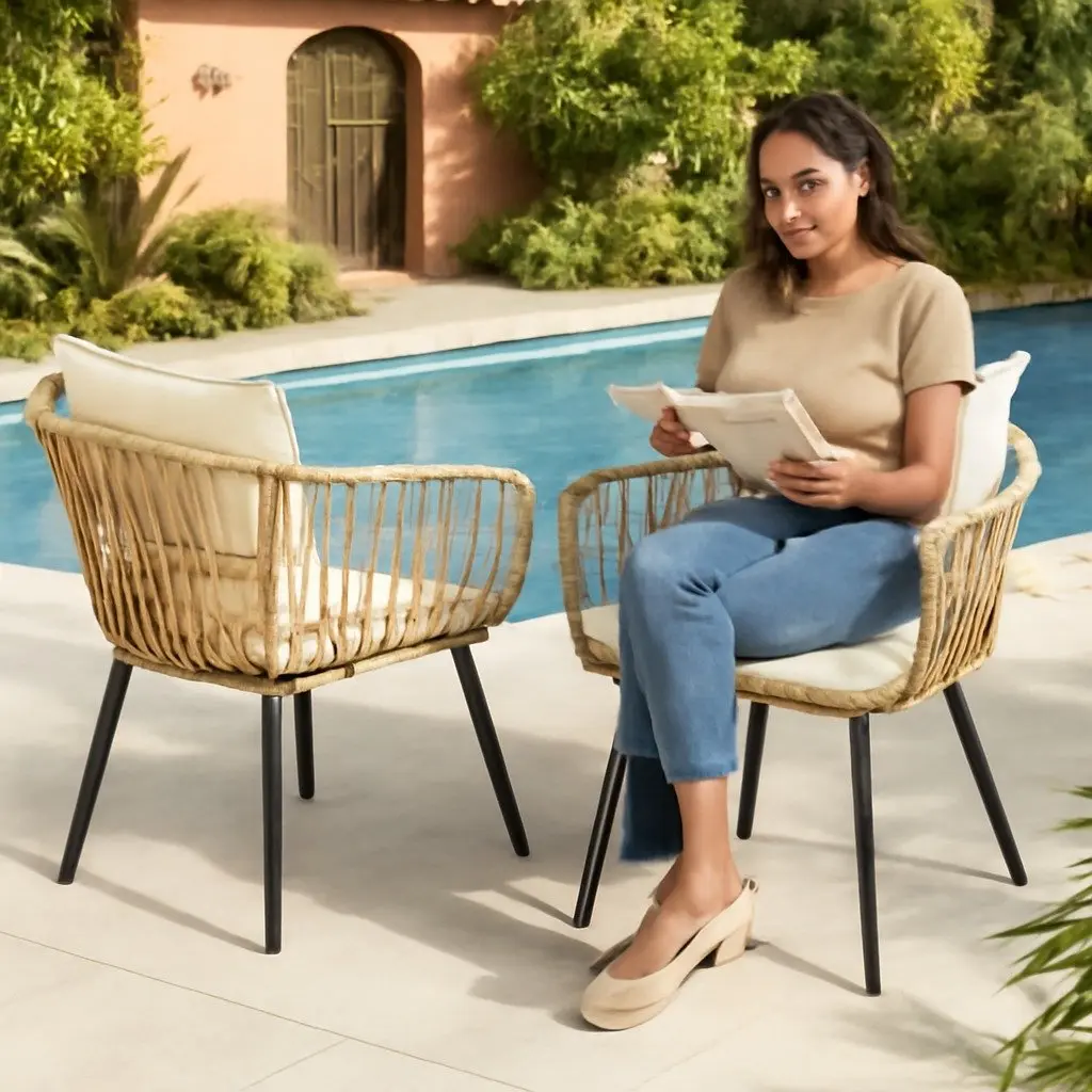 3PC Outdoor Bistro Set PE Wicker Steel Natural