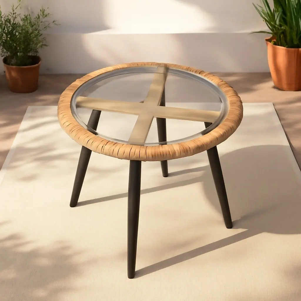 3PC Outdoor Bistro Set PE Wicker Steel Natural