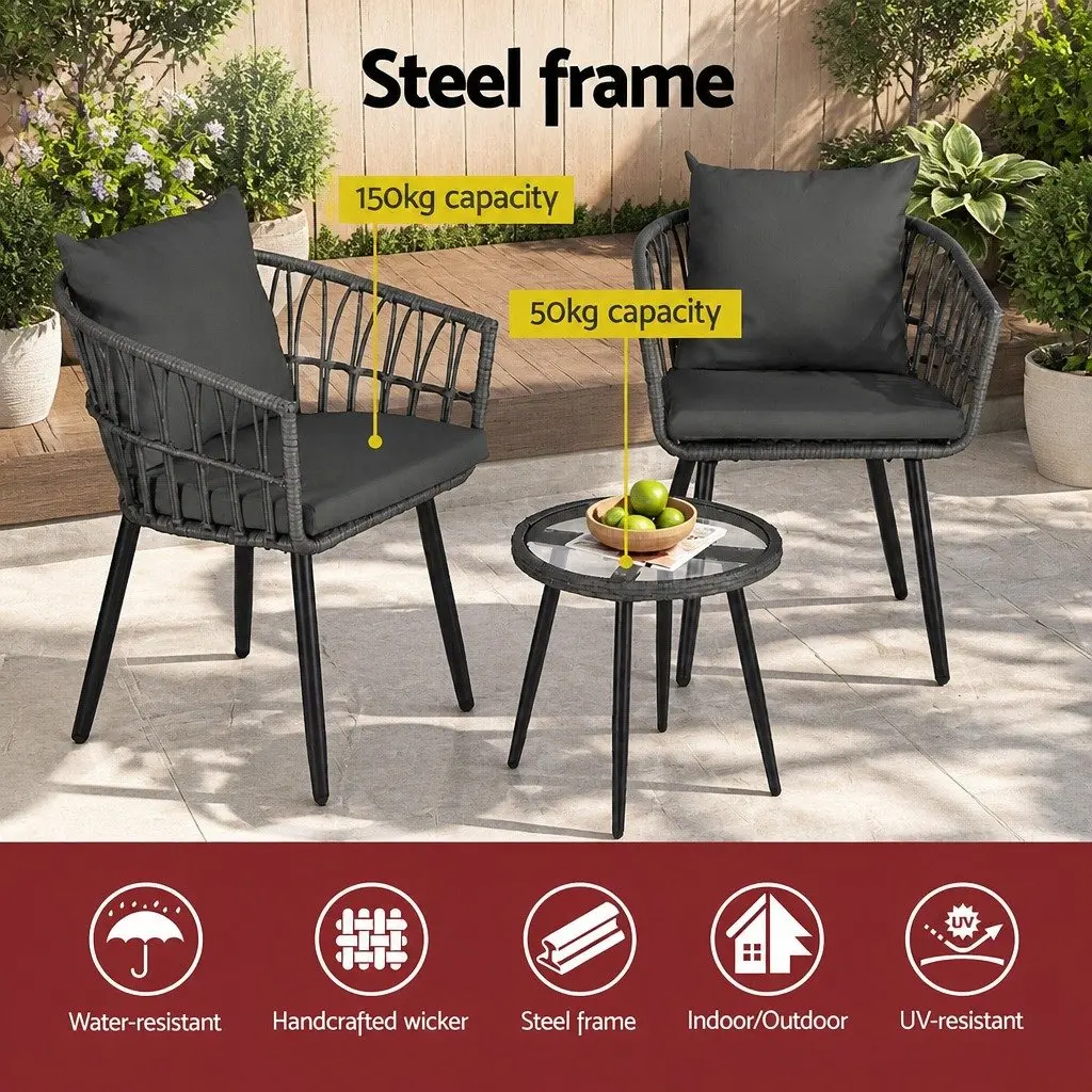 3PC Outdoor Lounge Set Steel PE Wicker Grey