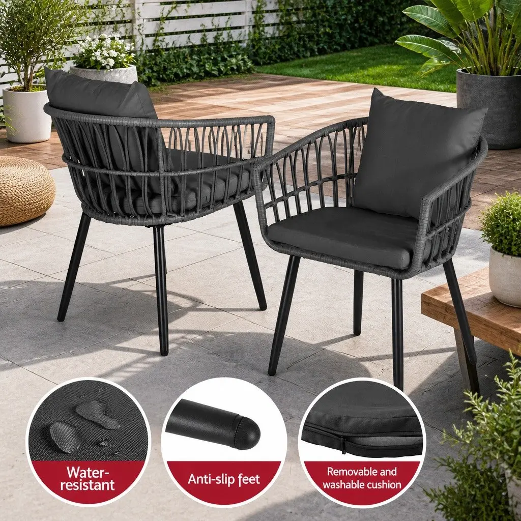 3PC Outdoor Lounge Set Steel PE Wicker Grey