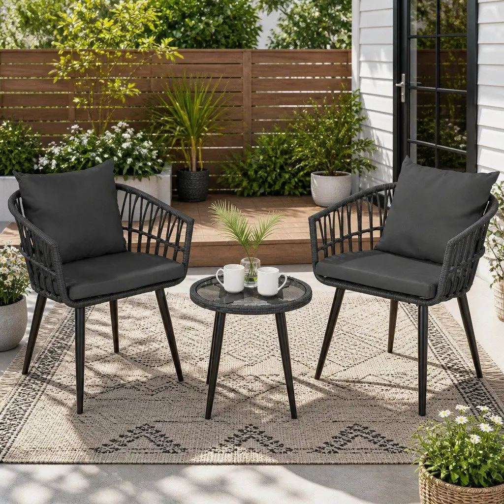 3PC Outdoor Lounge Set Steel PE Wicker Grey