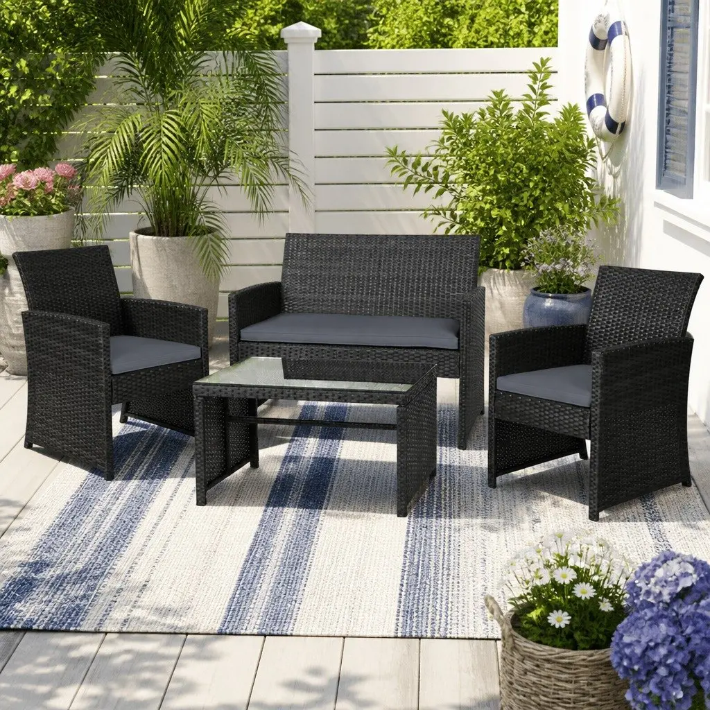 4 Piece Outdoor Wicker Sofa Set Steel Black Rattan Chair Coffee Table