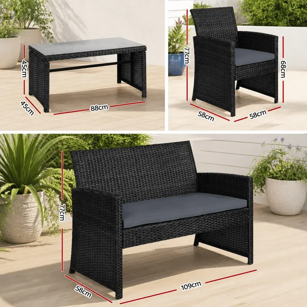 4 Piece Outdoor Wicker Sofa Set Steel Black Rattan Chair Coffee Table