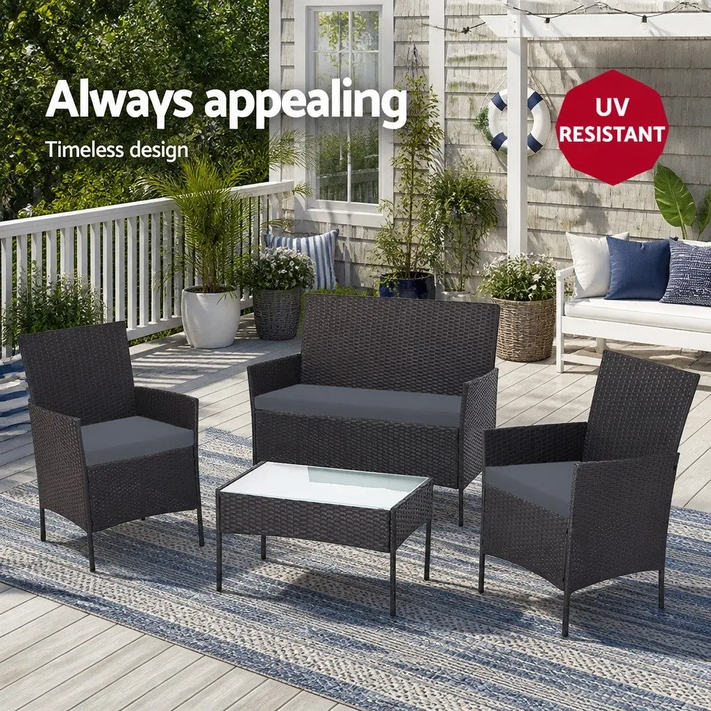 4 Piece Outdoor Wicker Sofa Set Steel Black Rattan Chair Coffee Table