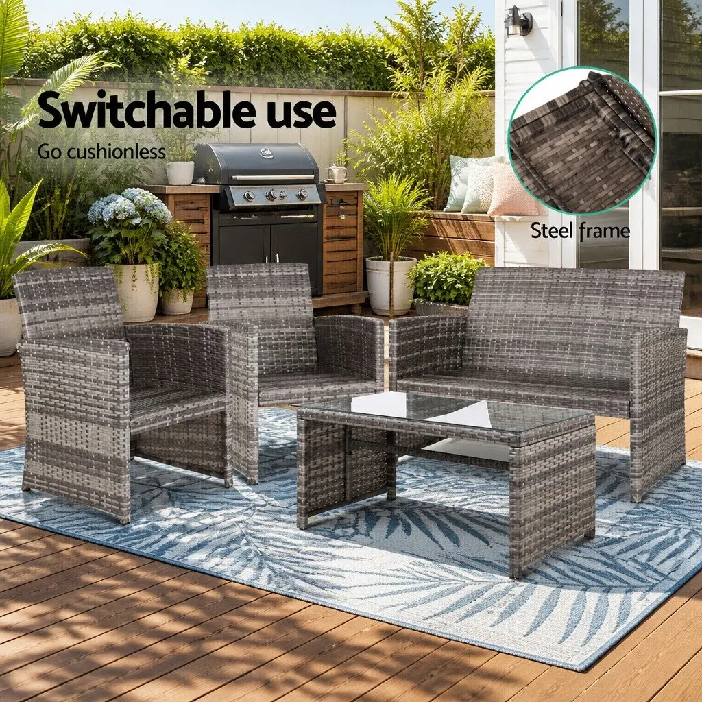 4 Piece Outdoor Sofa Set Wicker Steel Grey