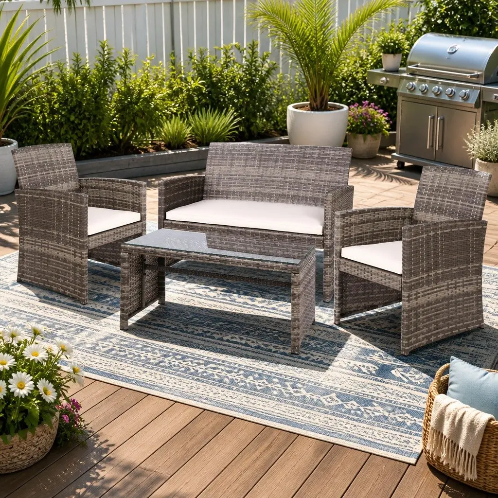4 Piece Outdoor Sofa Set Wicker Steel Grey