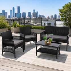 4PC Outdoor Wicker Sofa Set with Double Seat Chair Single Armchairs Coffee