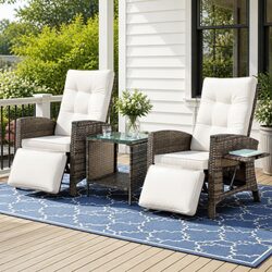 Outdoor Recliner Chair Set 3 Piece Wicker Adjustable Backrest Lounge Patio