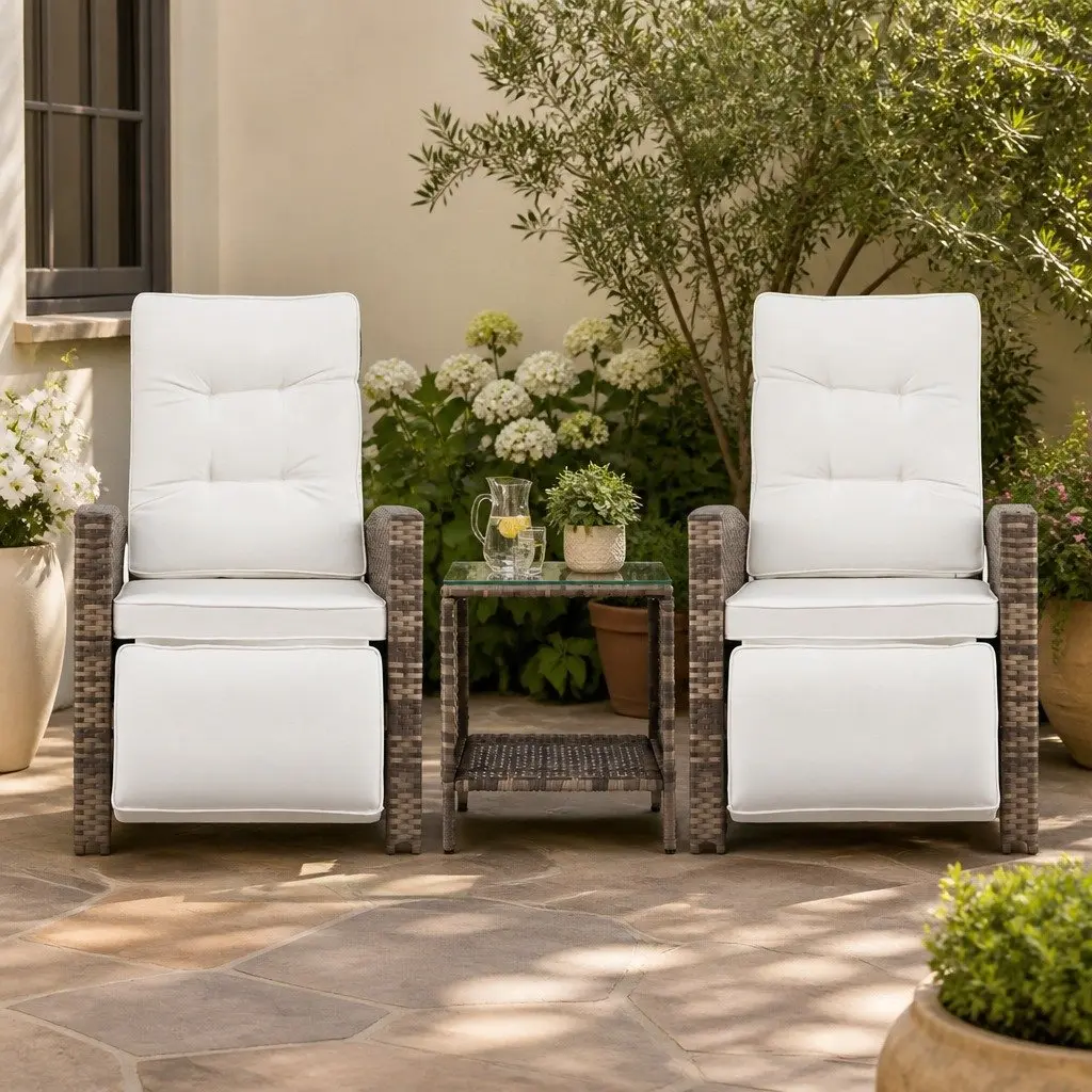 Outdoor Recliner Chair Set PE Wicker Adjustable Backrest Natural 3 Piece