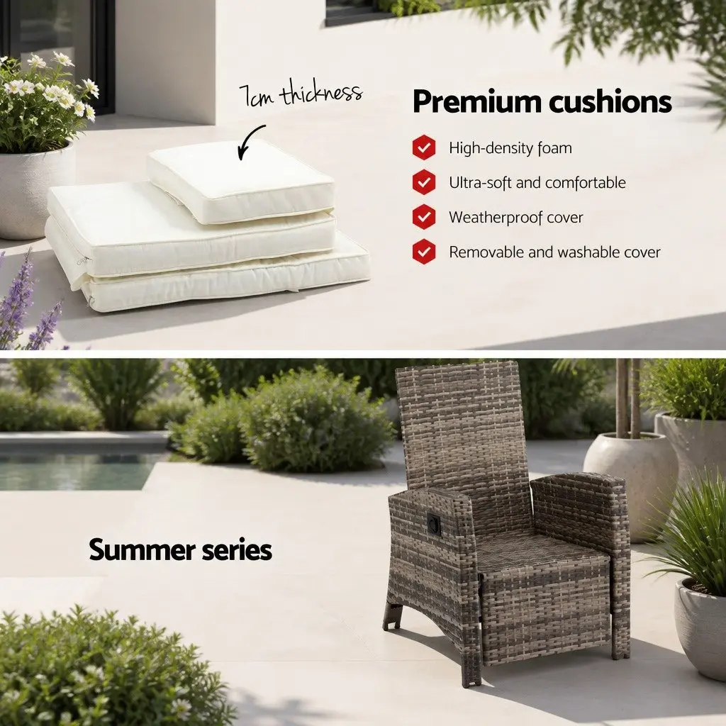 Outdoor Recliner Chair Set PE Wicker Adjustable Backrest Natural 3 Piece