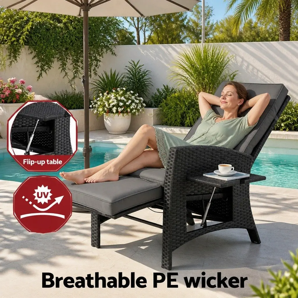 Outdoor Recliner Chair PE Wicker Adjustable Backrest Footrest Black