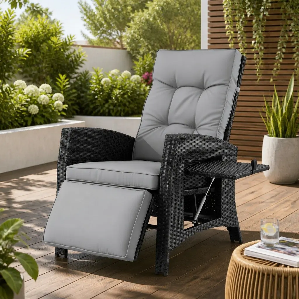 Outdoor Recliner Chair PE Wicker Adjustable Backrest Footrest Black