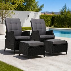 Premium 2PC Adjustable Recliner Chair Sun Lounge Set - Black