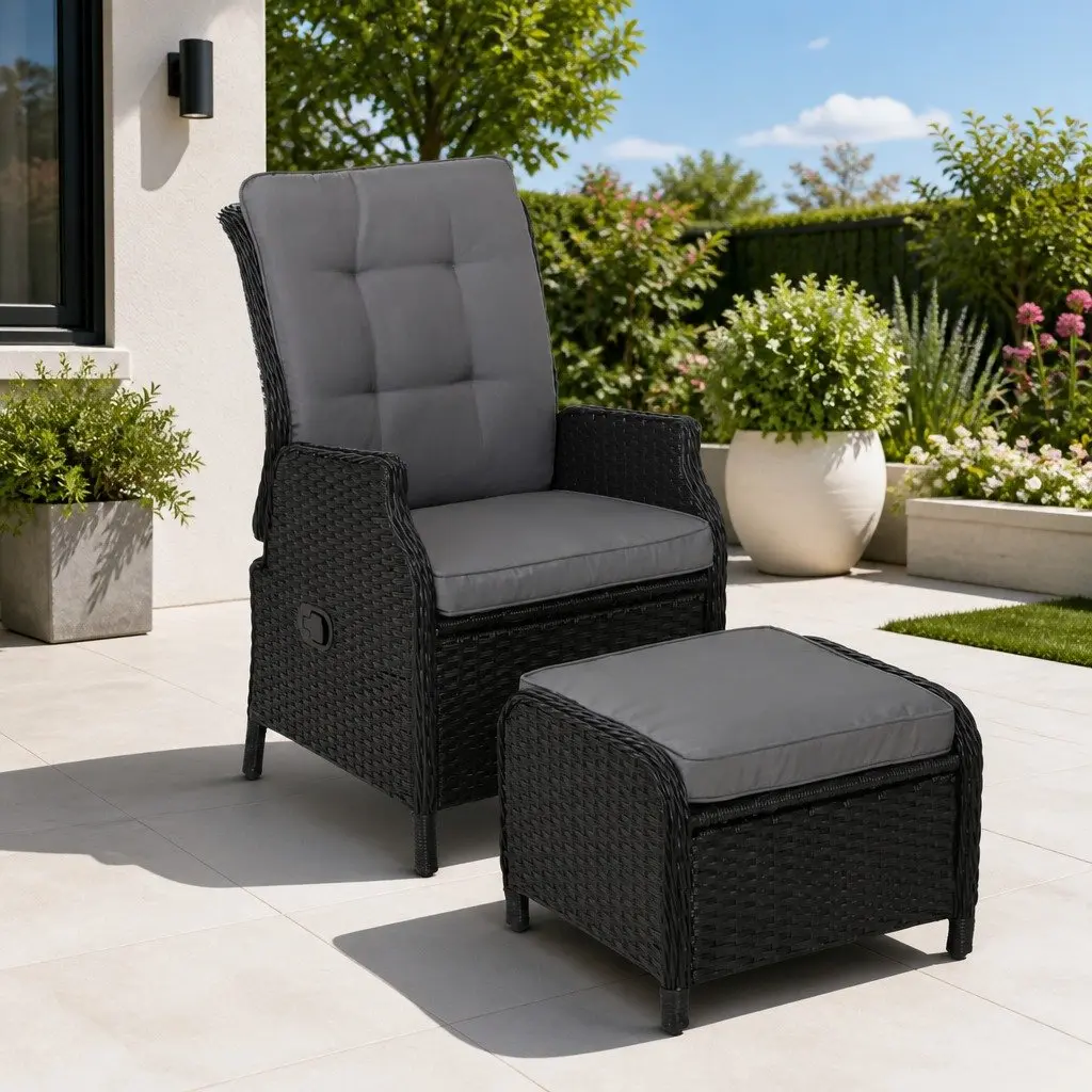 Recliner Chair Set PE Wicker Adjustable Outdoor Lounger Black