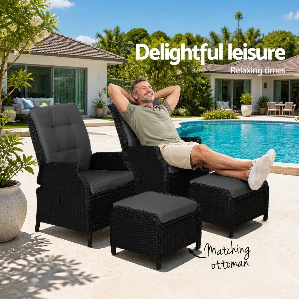 Recliner Chair Set PE Wicker Adjustable Outdoor Lounger Black