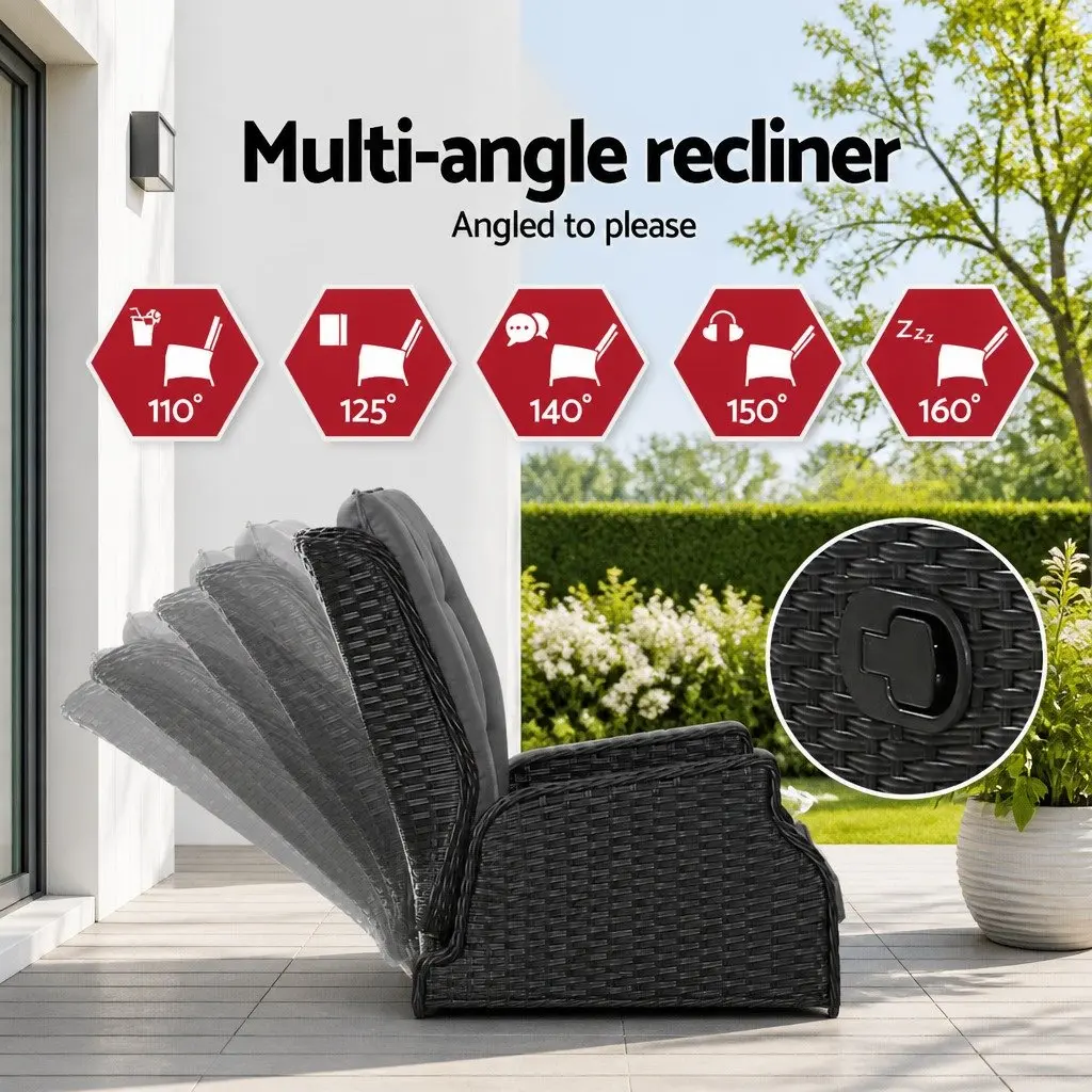 Recliner Chair Set PE Wicker Adjustable Outdoor Lounger Black