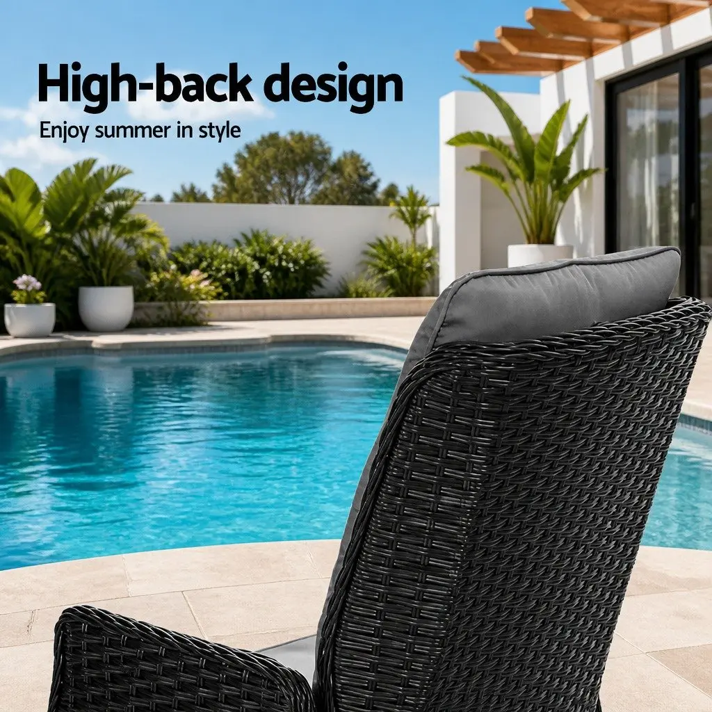 Recliner Chair Set PE Wicker Adjustable Outdoor Lounger Black
