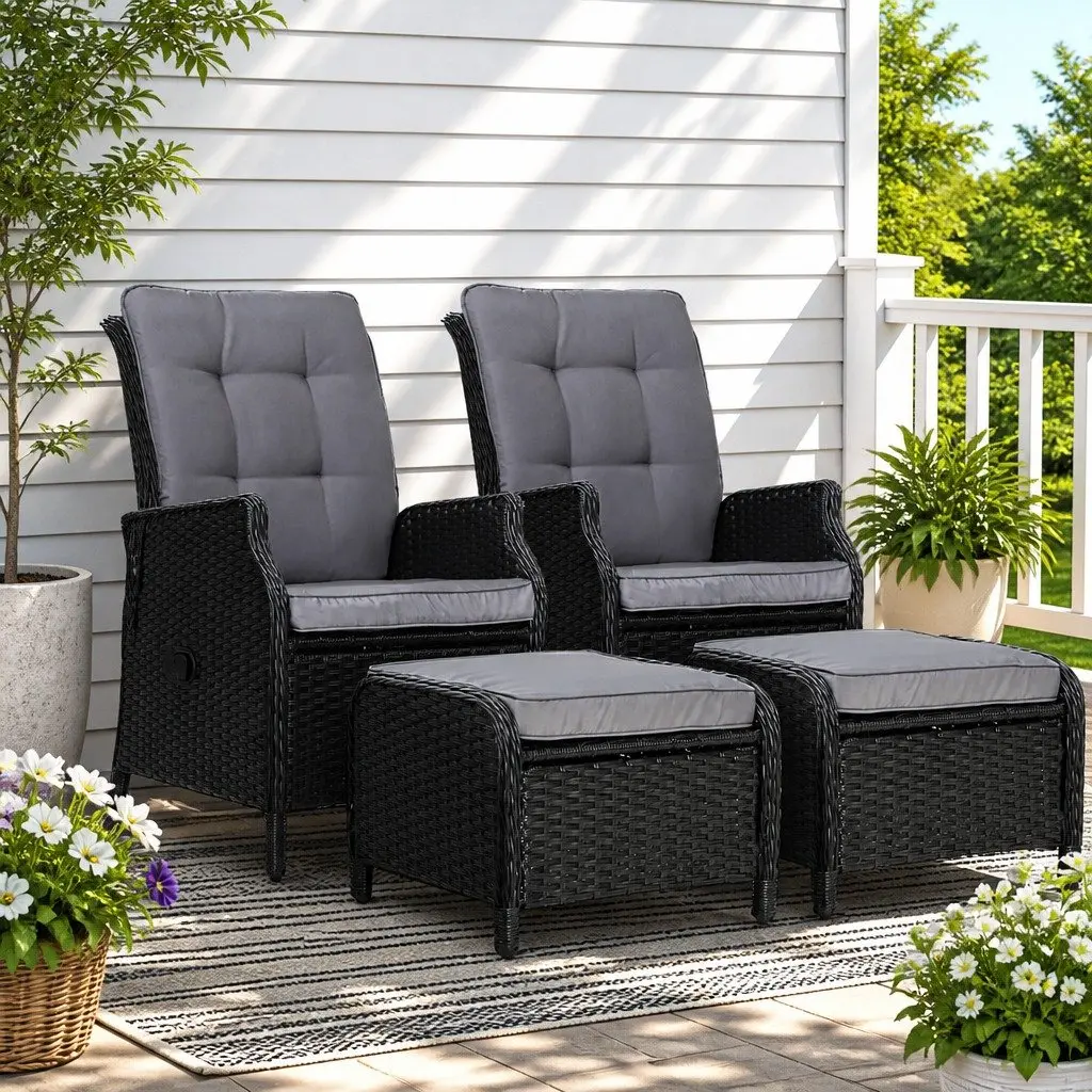 Recliner Chair Set PE Wicker Adjustable Outdoor Lounger Black