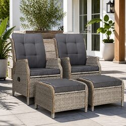 Wicker Recliner Chair Outdoor Sun Lounge Adjustable Backrest Patio Lounger Set