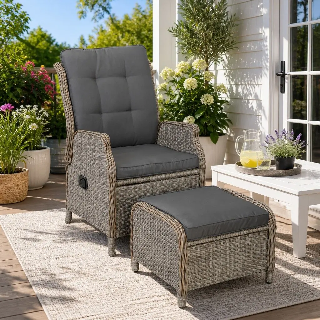 Wicker Recliner Chair PE Wicker Steel Frame Grey Adjustable Backrest Outdoor Lounger Set 2 Piece