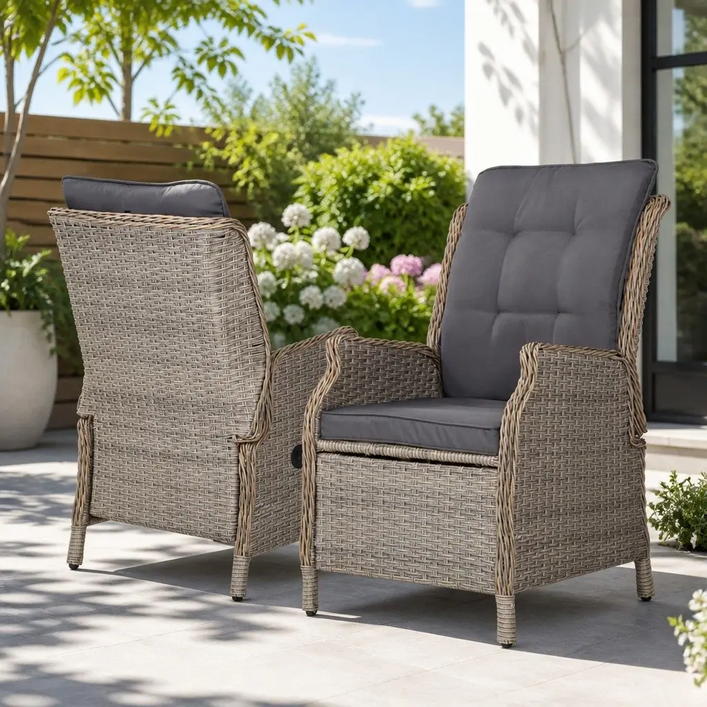 Wicker Recliner Chair PE Wicker Steel Frame Grey Adjustable Backrest Outdoor Lounger Set 2 Piece