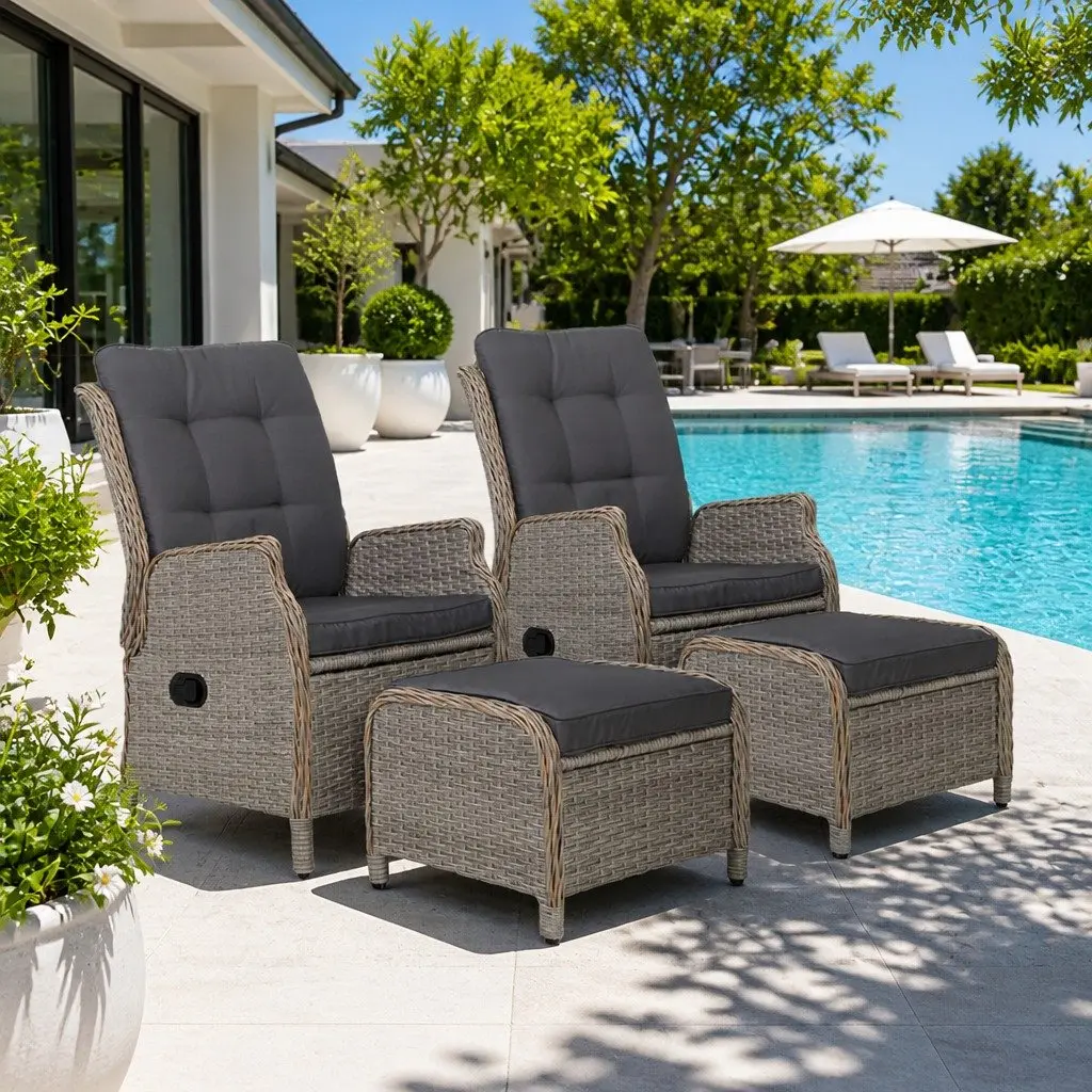 Wicker Recliner Chair PE Wicker Steel Frame Grey Adjustable Backrest Outdoor Lounger Set 2 Piece