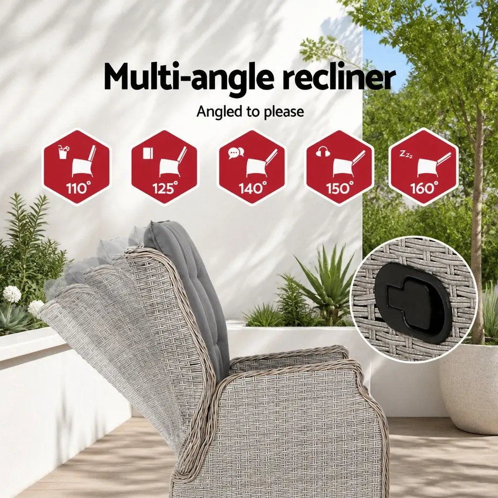 Wicker Recliner Chair PE Wicker Steel Frame Grey Adjustable Backrest Outdoor Lounger Set 2 Piece