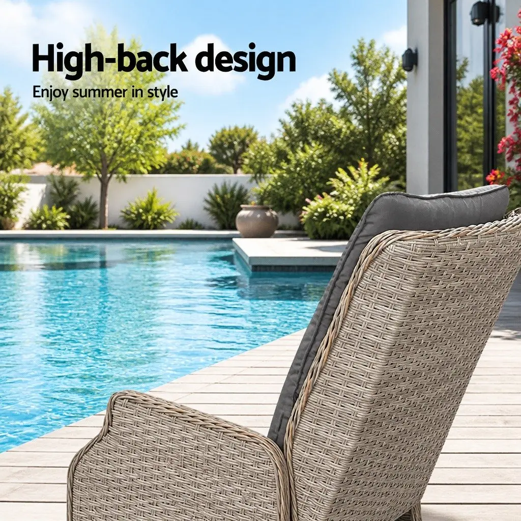 Wicker Recliner Chair PE Wicker Steel Frame Grey Adjustable Backrest Outdoor Lounger Set 2 Piece