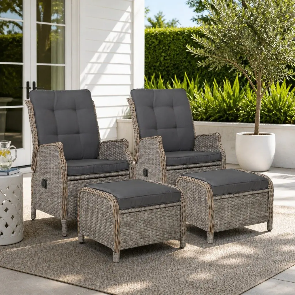 Wicker Recliner Chair PE Wicker Steel Frame Grey Adjustable Backrest Outdoor Lounger Set 2 Piece