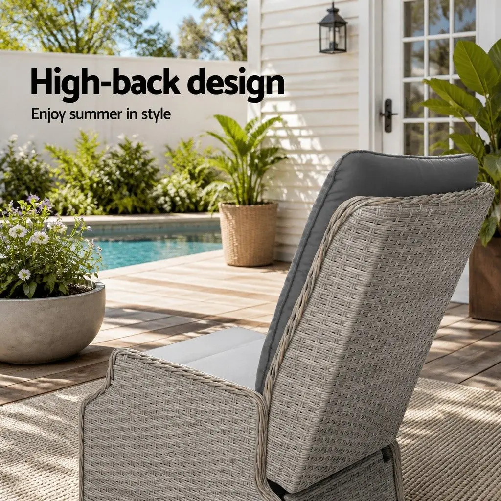 Wicker Recliner Chair Ottoman Set PE Wicker Steel Frame Grey