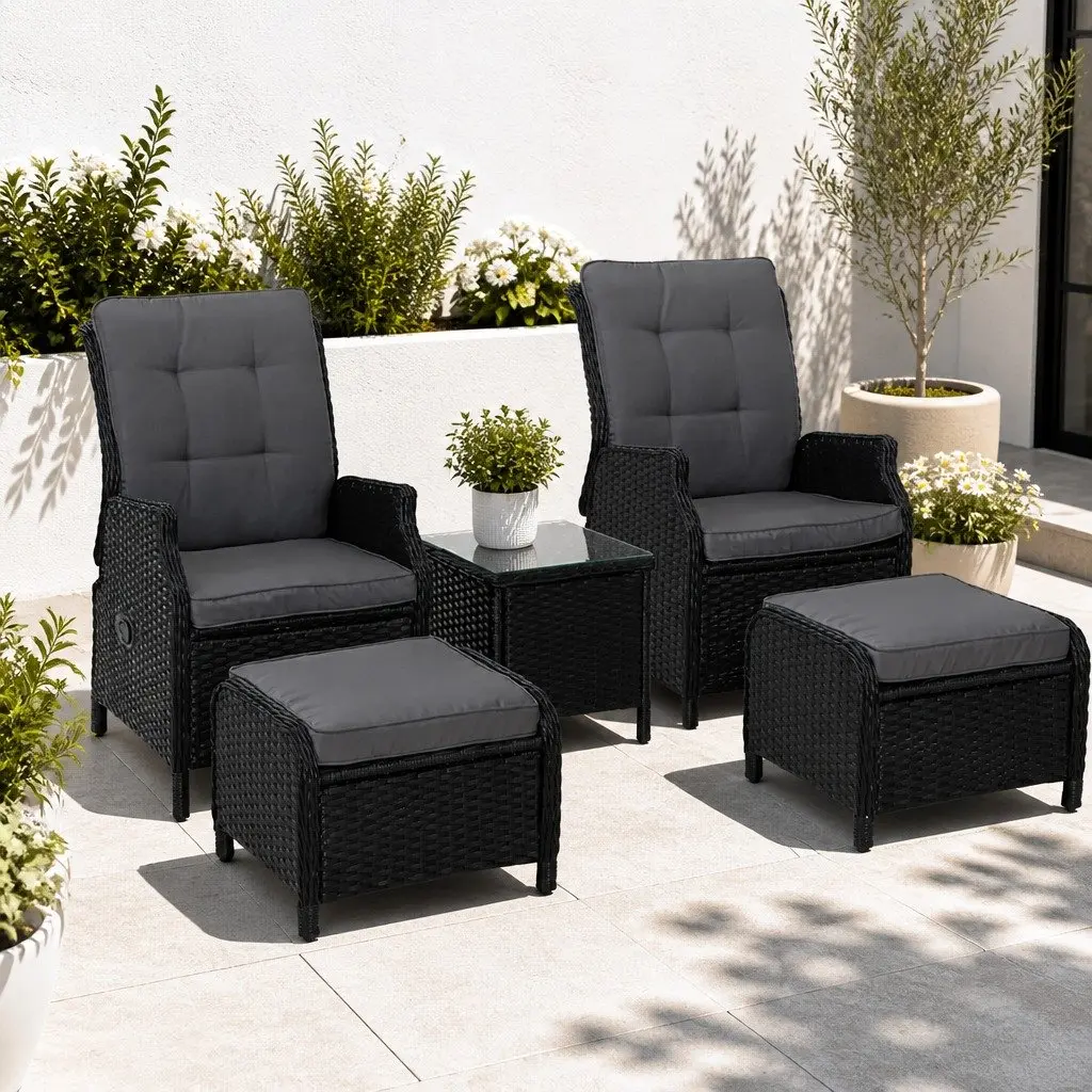 5-Piece Wicker Recliner Outdoor Furniture Set with Table