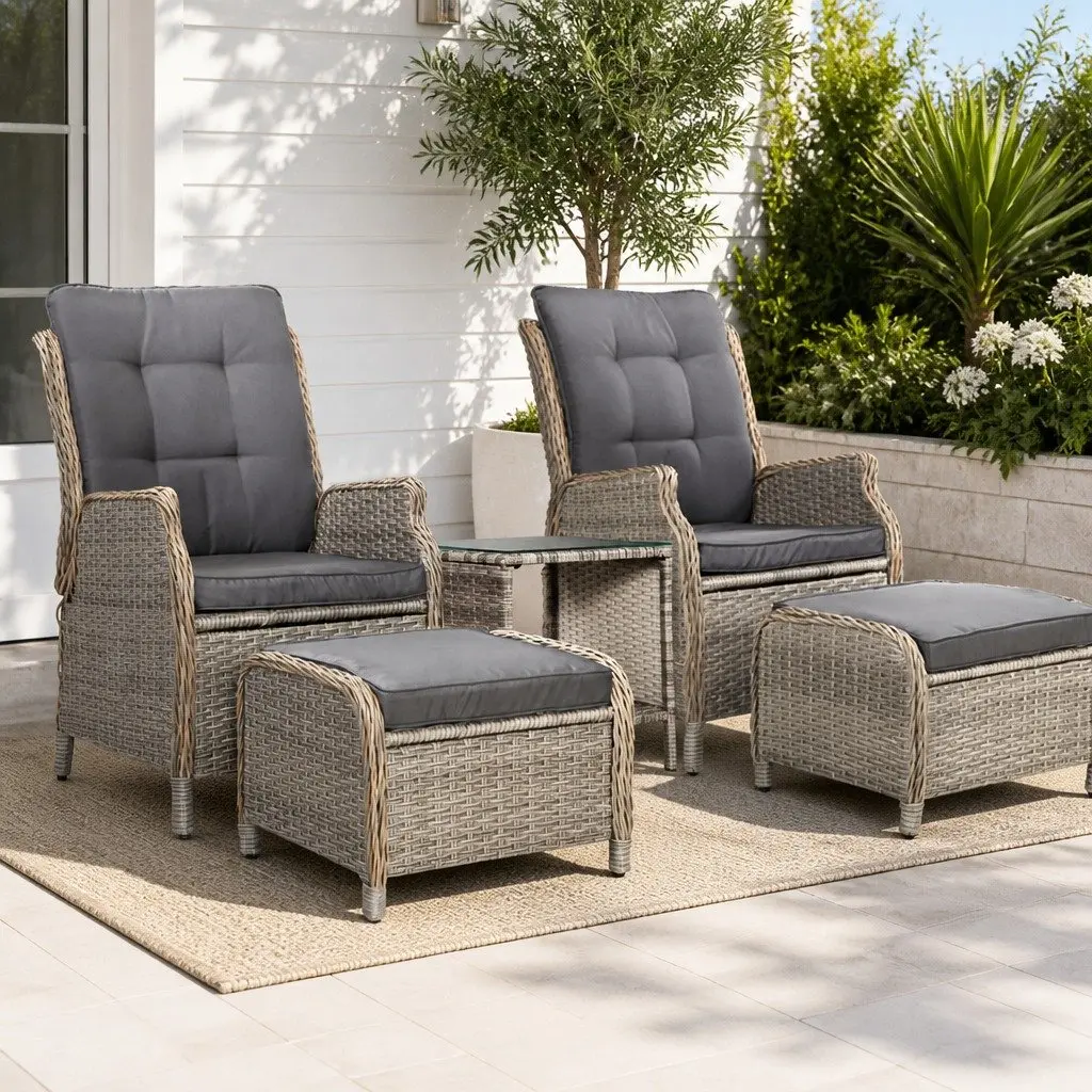 5-Piece Outdoor Wicker Recliner Furniture Set with Ottoman