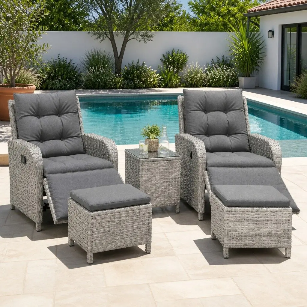 5-Piece Outdoor Wicker Recliner Furniture Set with Ottoman