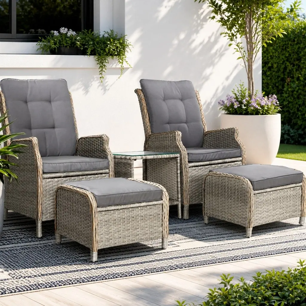 5-Piece Outdoor Wicker Recliner Furniture Set with Ottoman