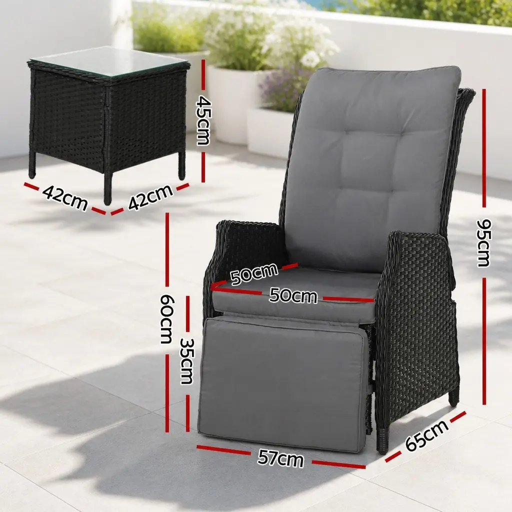 3-Piece Wicker Outdoor Recliner Set with Side Table