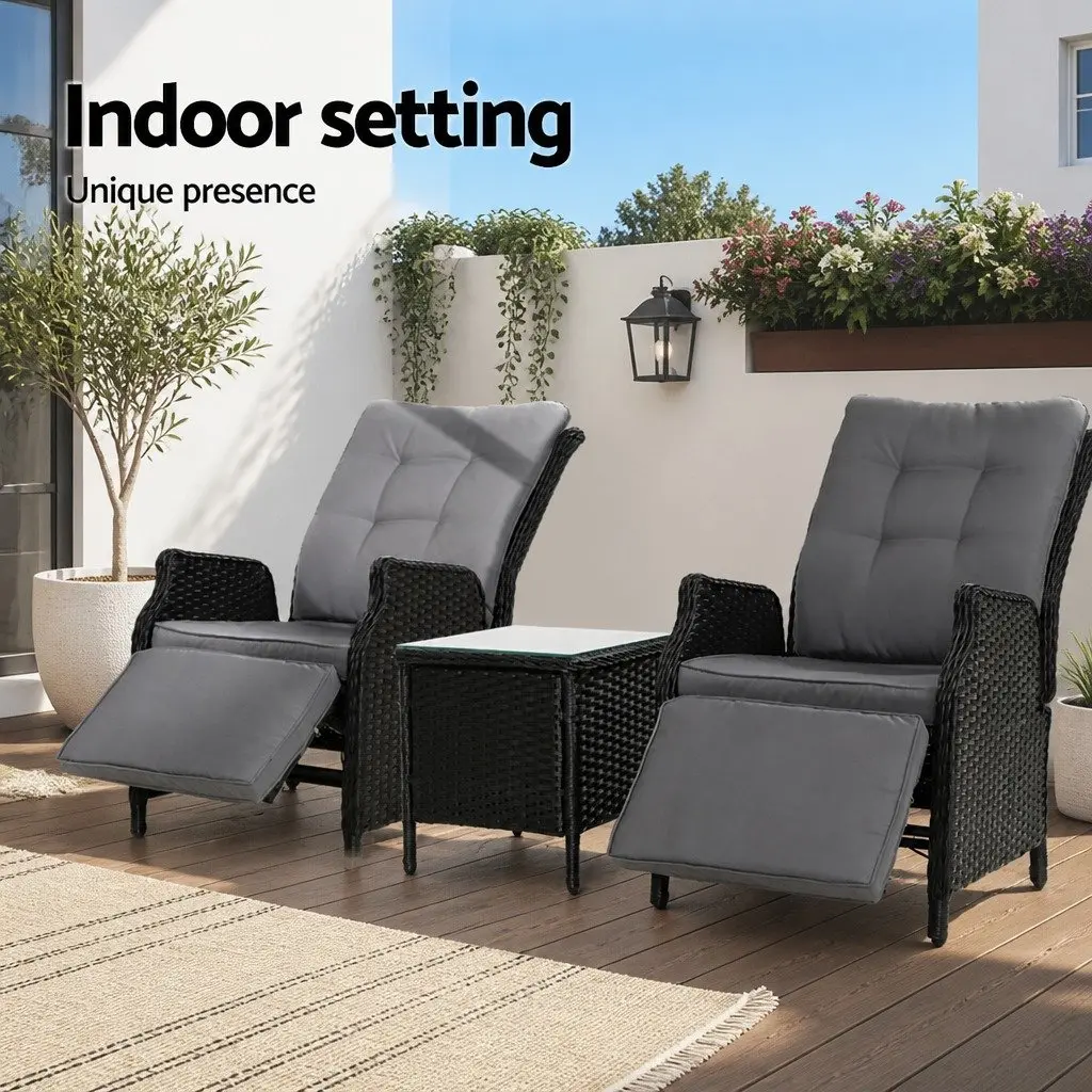 3-Piece Wicker Outdoor Recliner Set with Side Table