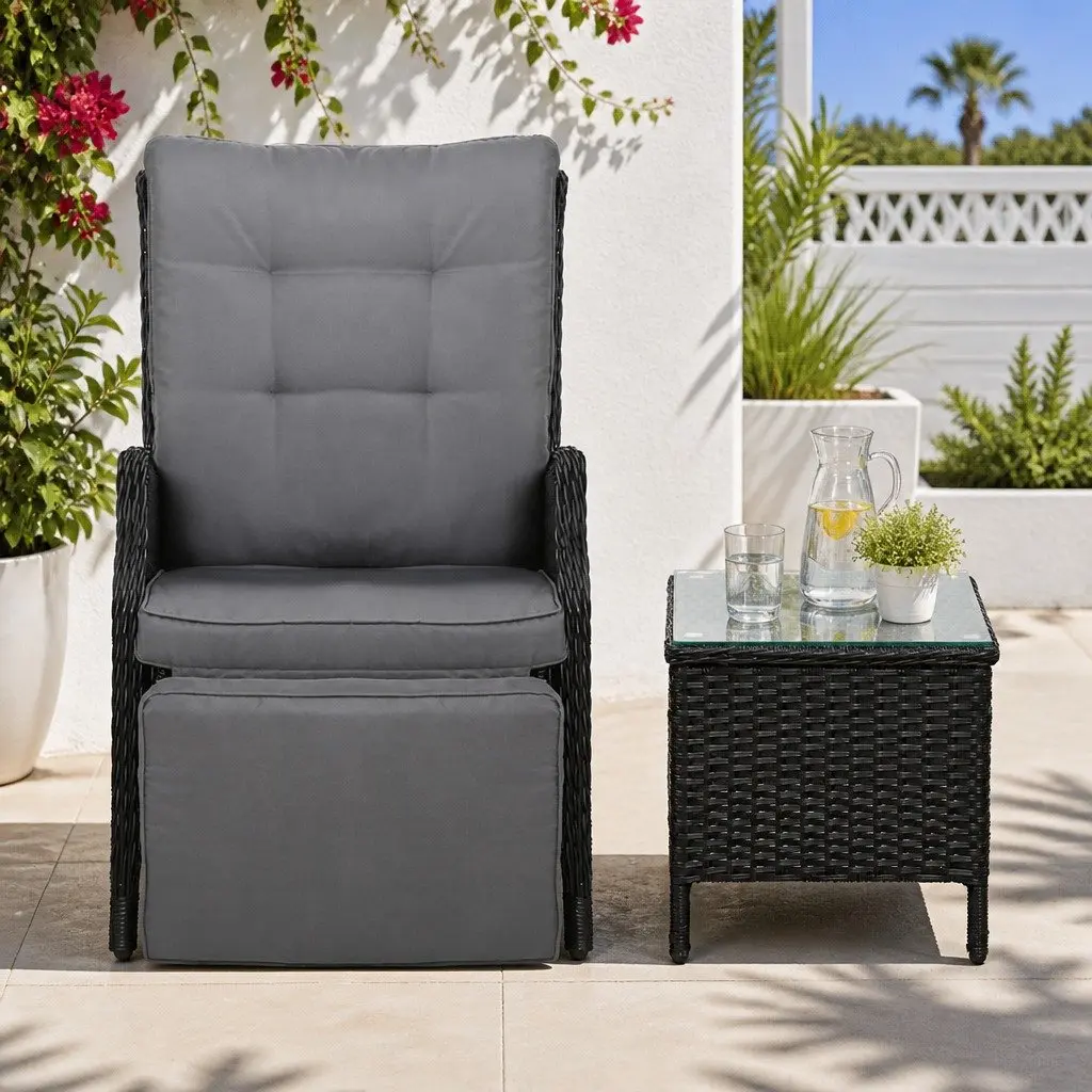 3-Piece Wicker Outdoor Recliner Set with Side Table