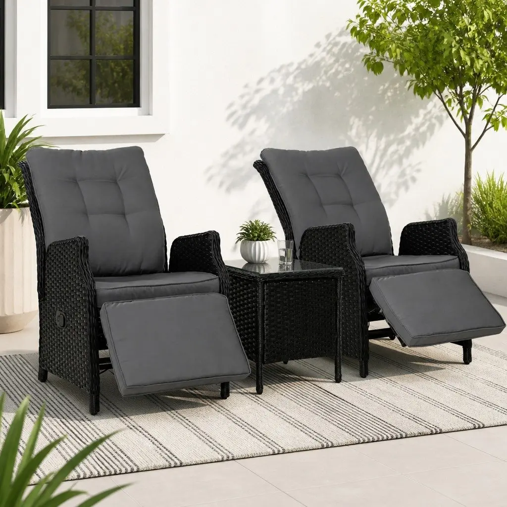 3-Piece Wicker Outdoor Recliner Set with Side Table