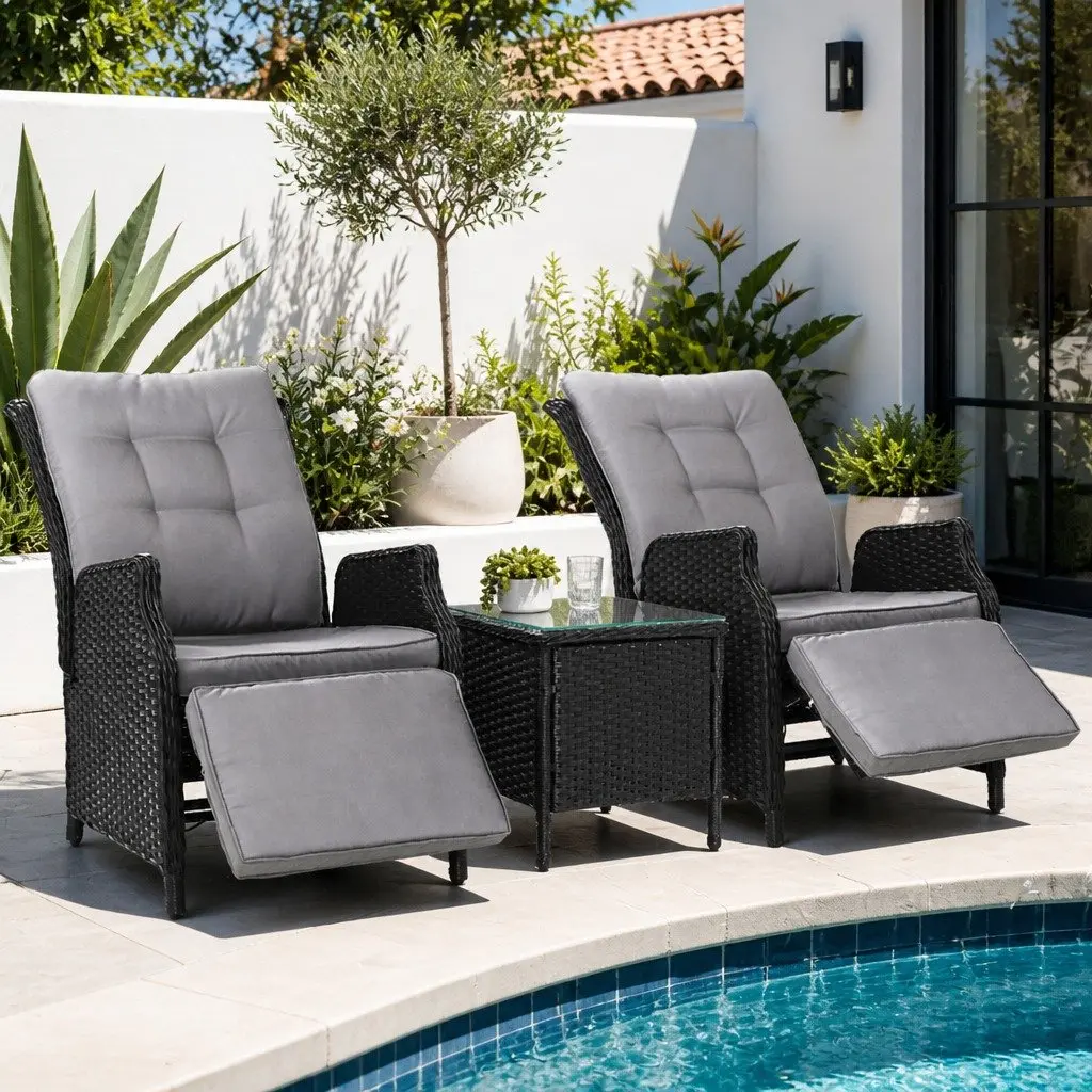 3-Piece Wicker Outdoor Recliner Set with Side Table