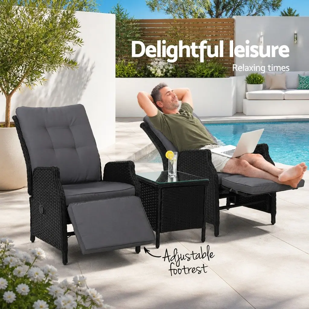3-Piece Wicker Outdoor Recliner Set with Side Table