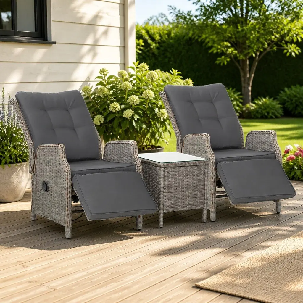 3 Piece Wicker Outdoor Recliner Set with Table