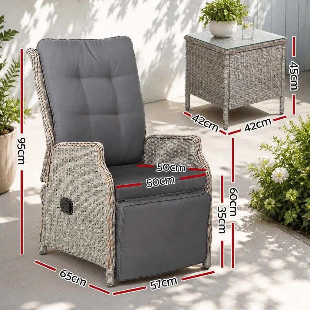 3 Piece Outdoor Recliner Set PE Wicker Grey Adjustable Chairs Side Table